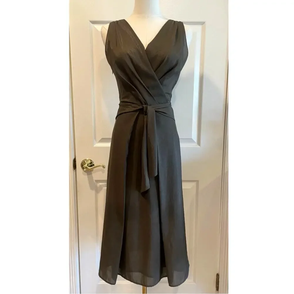 Italian e Collezioni Silk Brown Surplice Wrap Sleeveless Midi Tie Waist Dress S